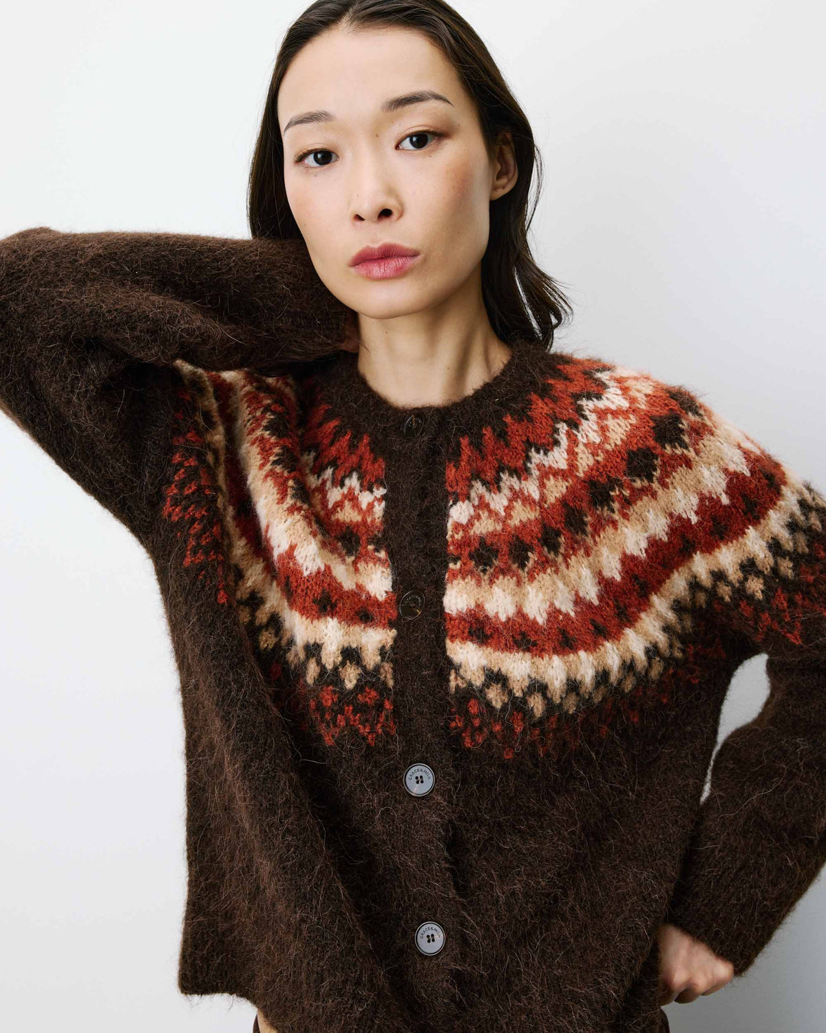 Cardigan en maille jacquard boutonné chocolat Alekio