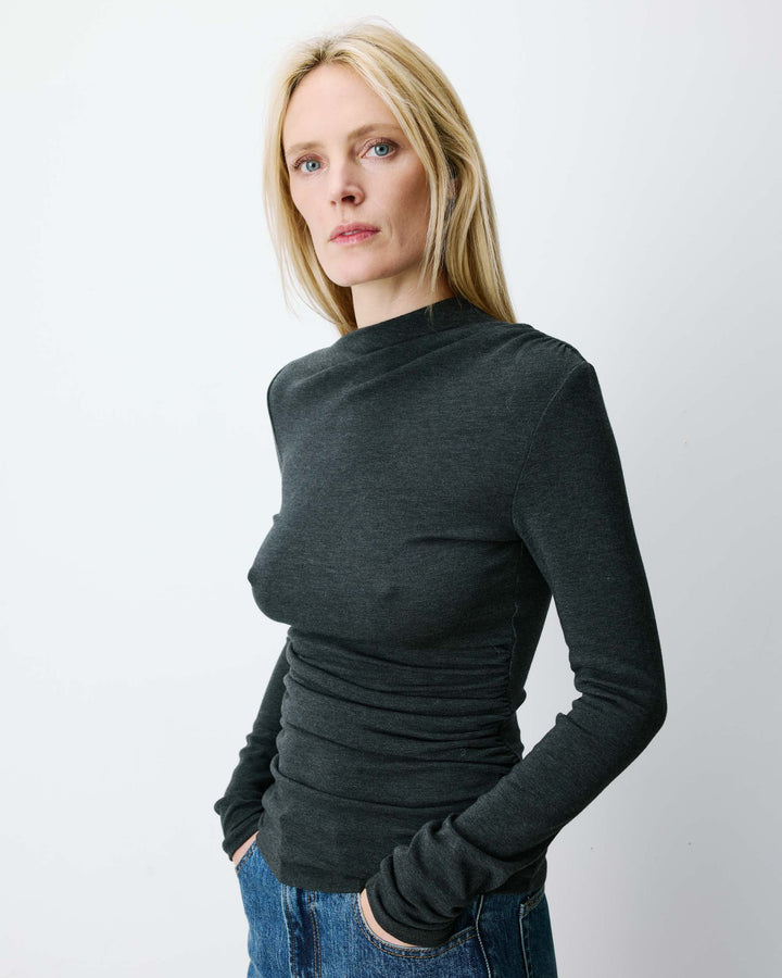 Top drapé asymétrique manches longues anthracite Aurygny