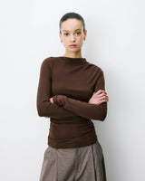 Top drapé asymétrique manches longues chocolat Aurygny