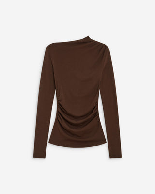 Top drapé asymétrique manches longues chocolat Aurygny