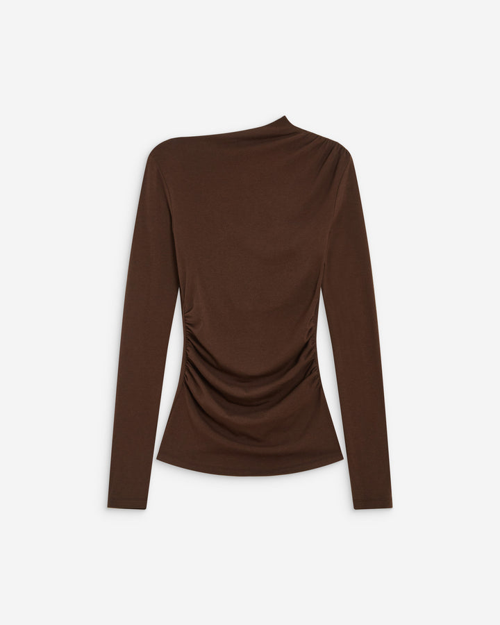 Top drapé asymétrique manches longues chocolat Aurygny