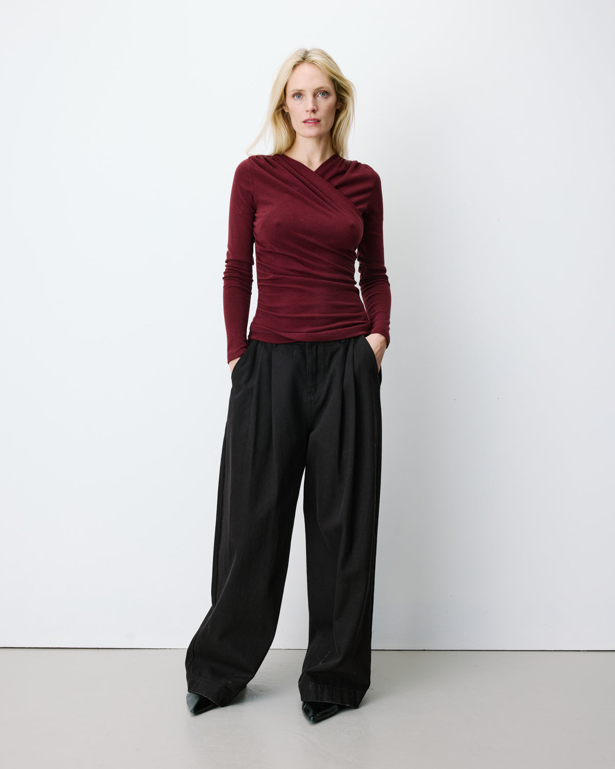 Top froncé col V croisé manches longues cherry Azul