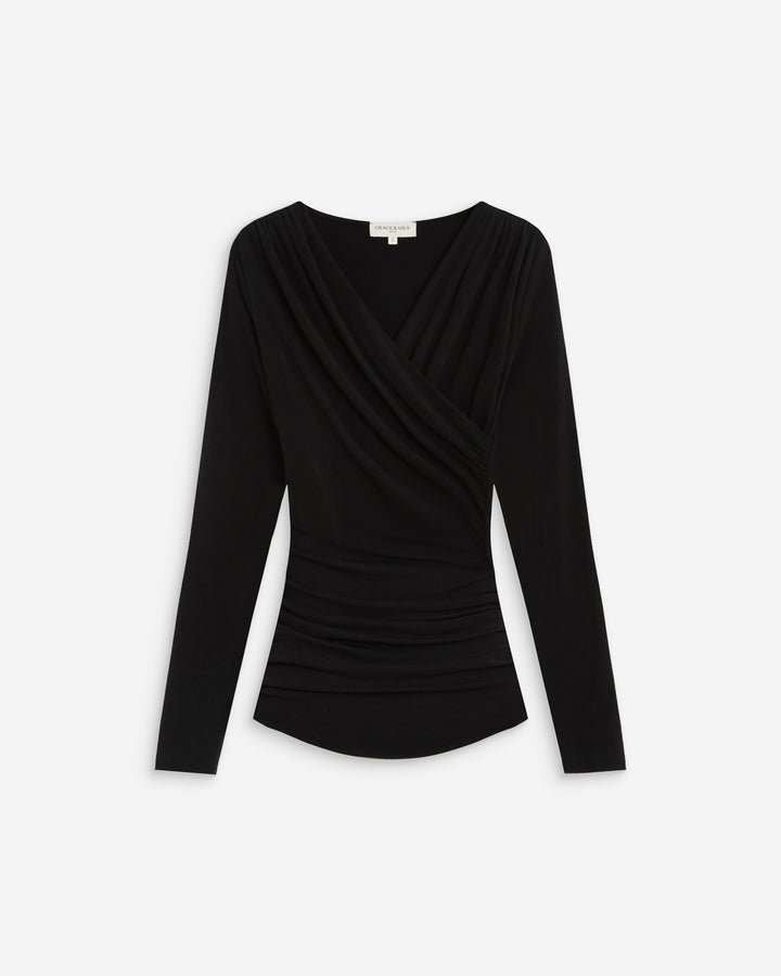 Ruched V-neck wrap top noir Azul