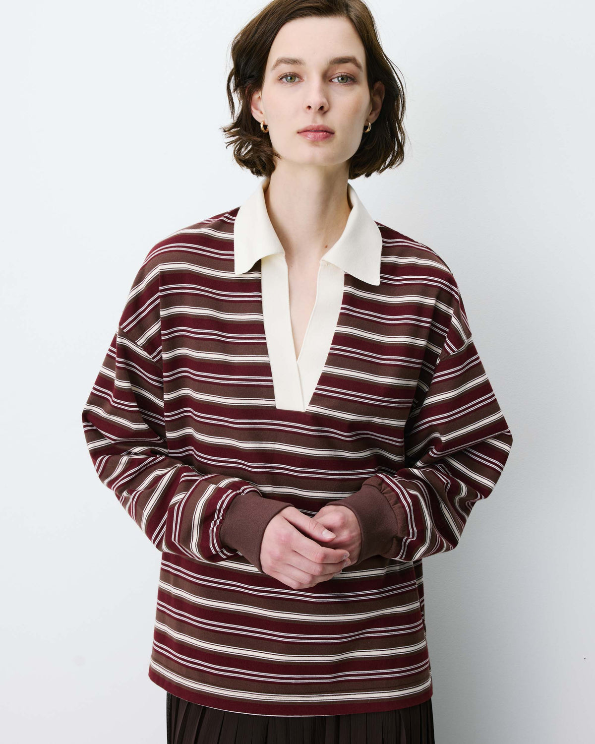 Polo rayé oversize col ouvert chocolat Aron