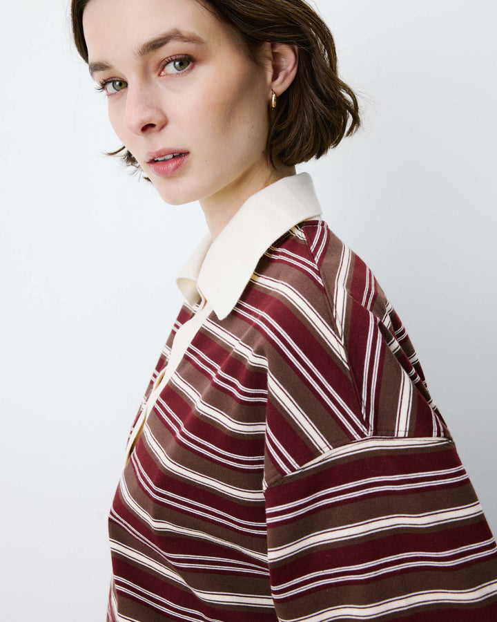 Polo rayé oversize col ouvert chocolat Aron