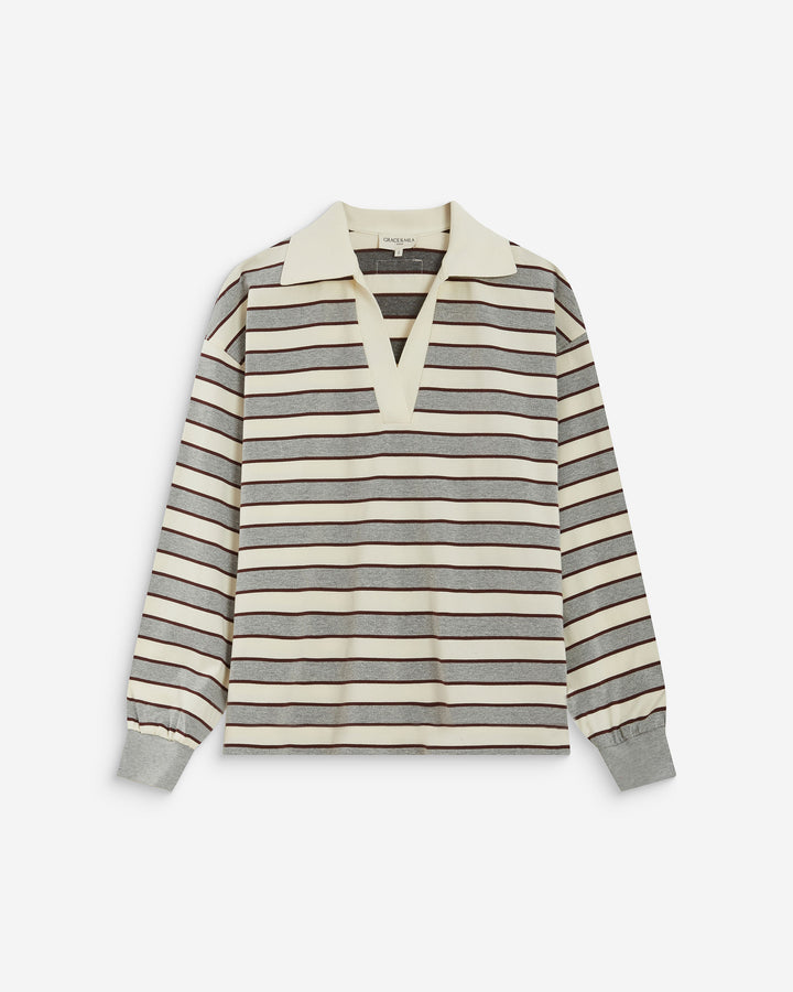 Polo rayé oversize col ouvert gris Aron