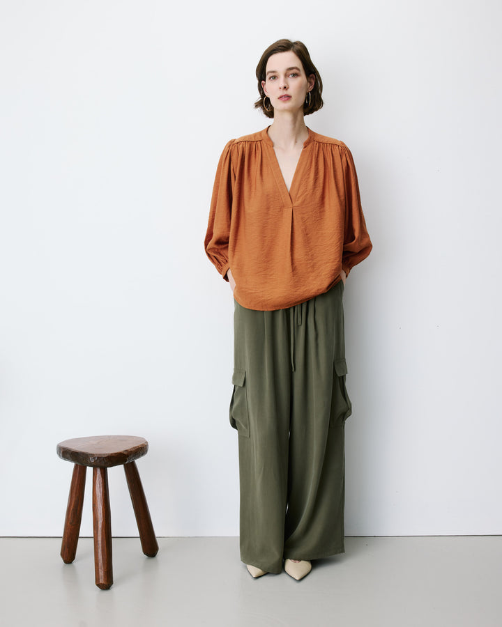 Blouse ample manches bouffantes 3/4 col V camel Auriane