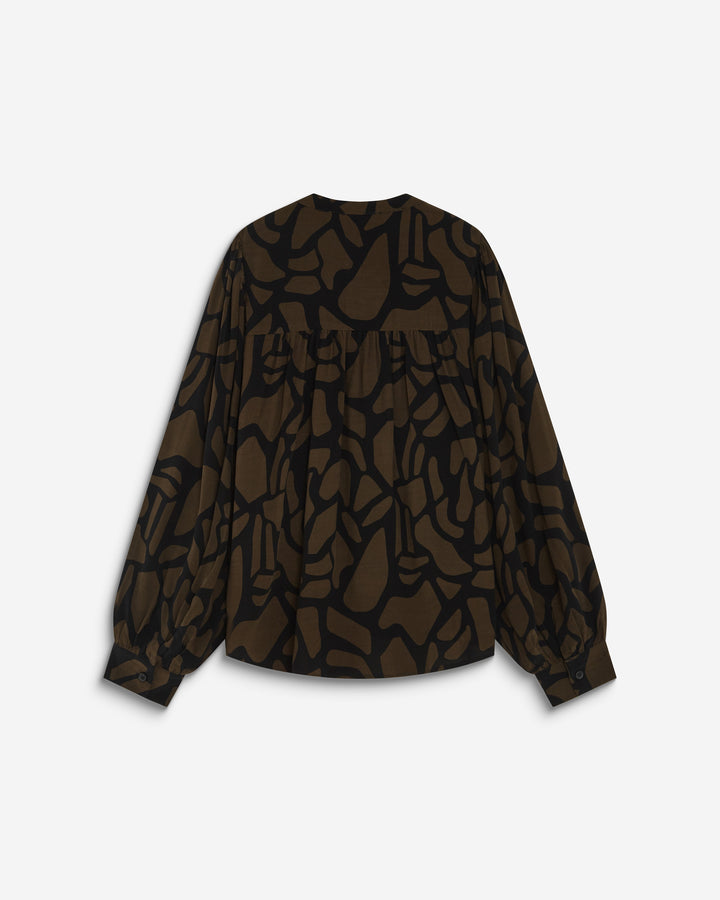 Geometric-print V-neck blouse kaki Ambrine