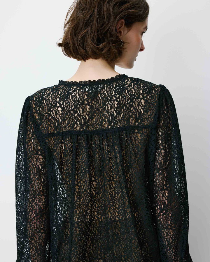 Long-sleeve V-neck lace blouse noir Aurora