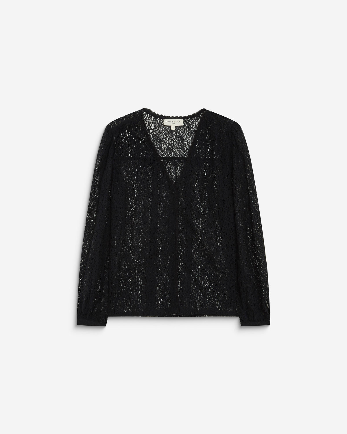 Long-sleeve V-neck lace blouse noir Aurora