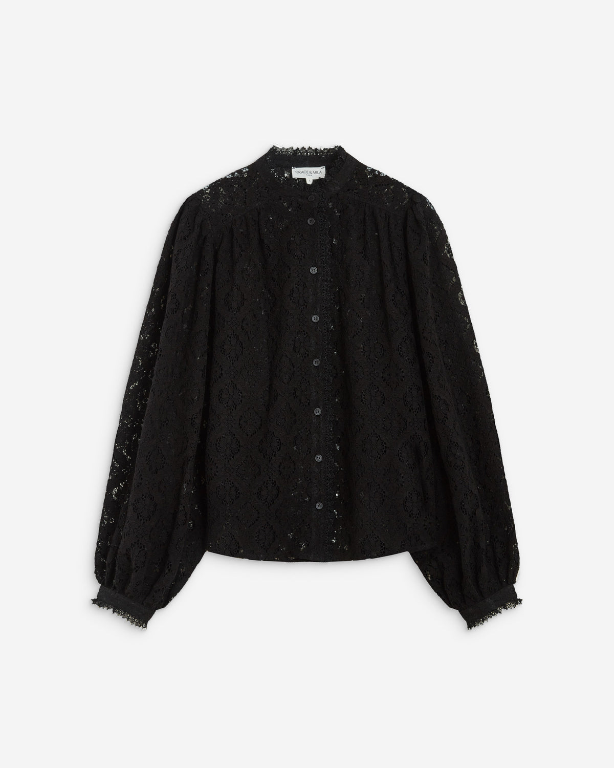 Blouse ample en dentelle boutonnée noir Anita