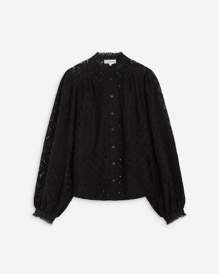 Blouse ample en dentelle boutonnée noir Anita