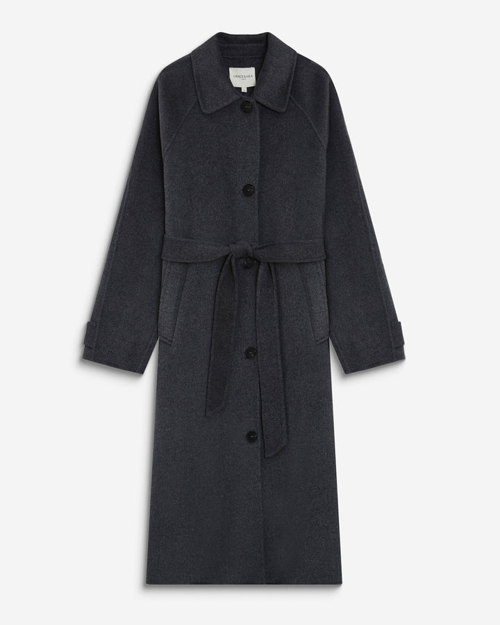 Manteau long en laine mélangée ceinturé anthracite Adam