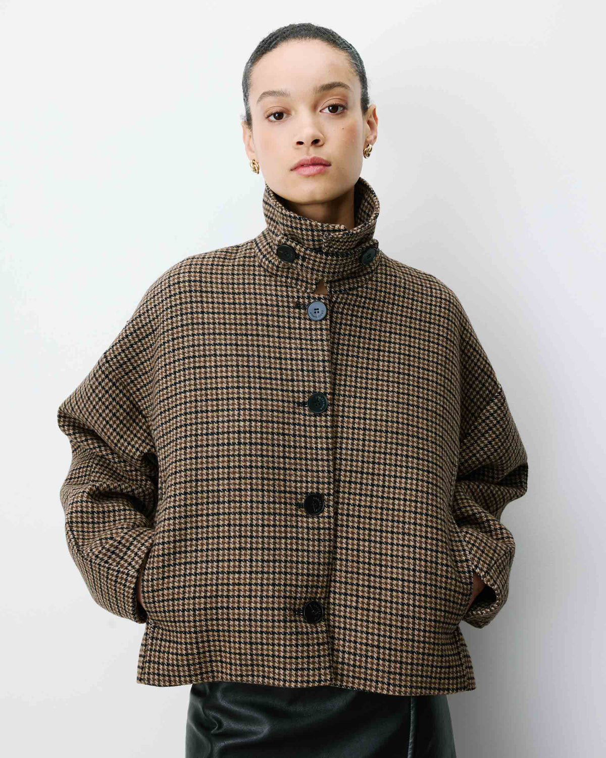 Manteau court pied-de-poule col structuré coffee Arthur
