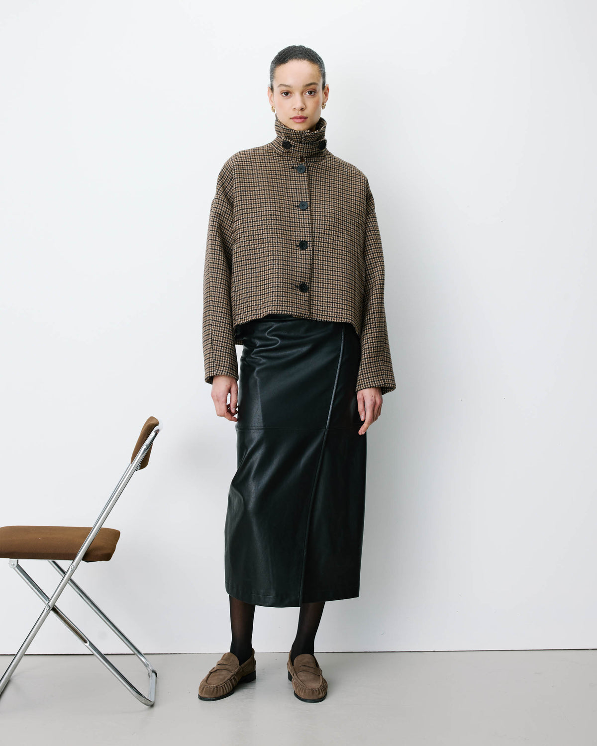 Manteau court pied-de-poule col structuré coffee Arthur