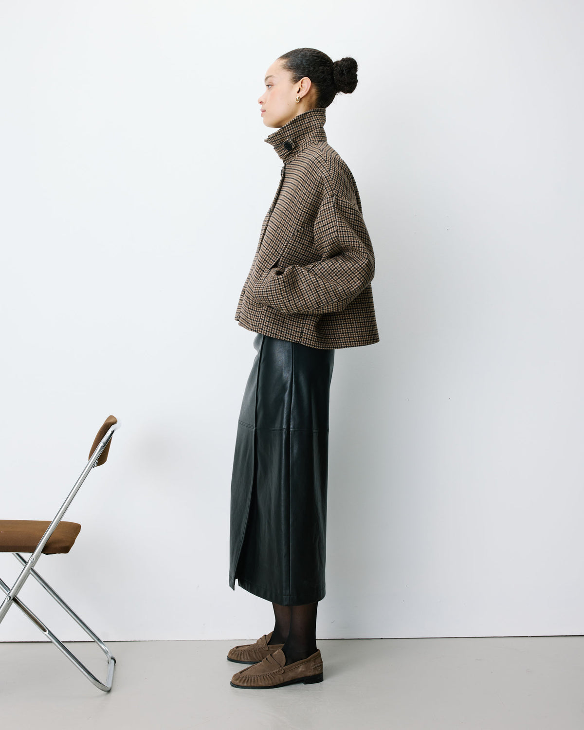 Manteau court pied-de-poule col structuré coffee Arthur