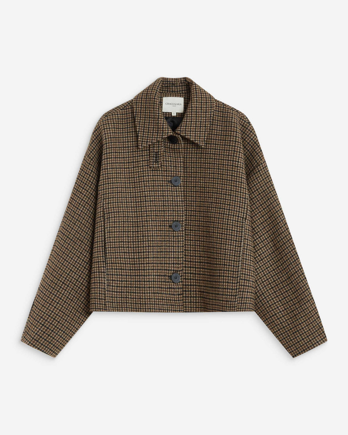 Manteau court pied-de-poule col structuré coffee Arthur