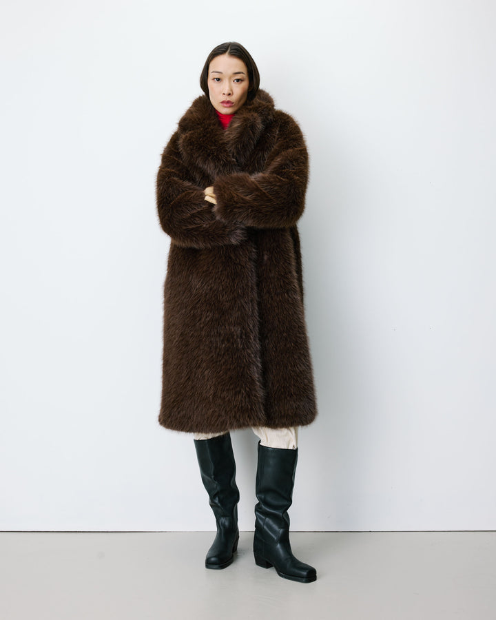 Long faux-fur coat chocolat Alara