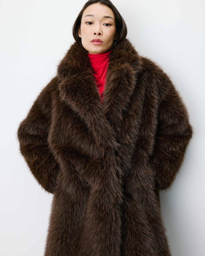 Long faux-fur coat chocolat Alara