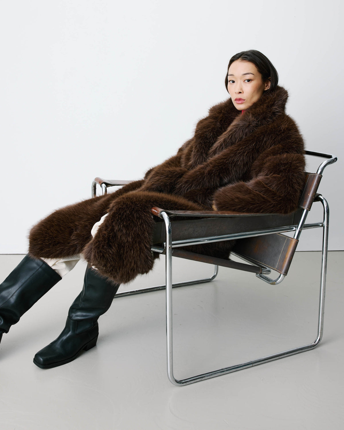 Long faux-fur coat chocolat Alara