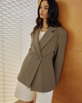Blazer cintré croisé pied-de-poule beige Almond