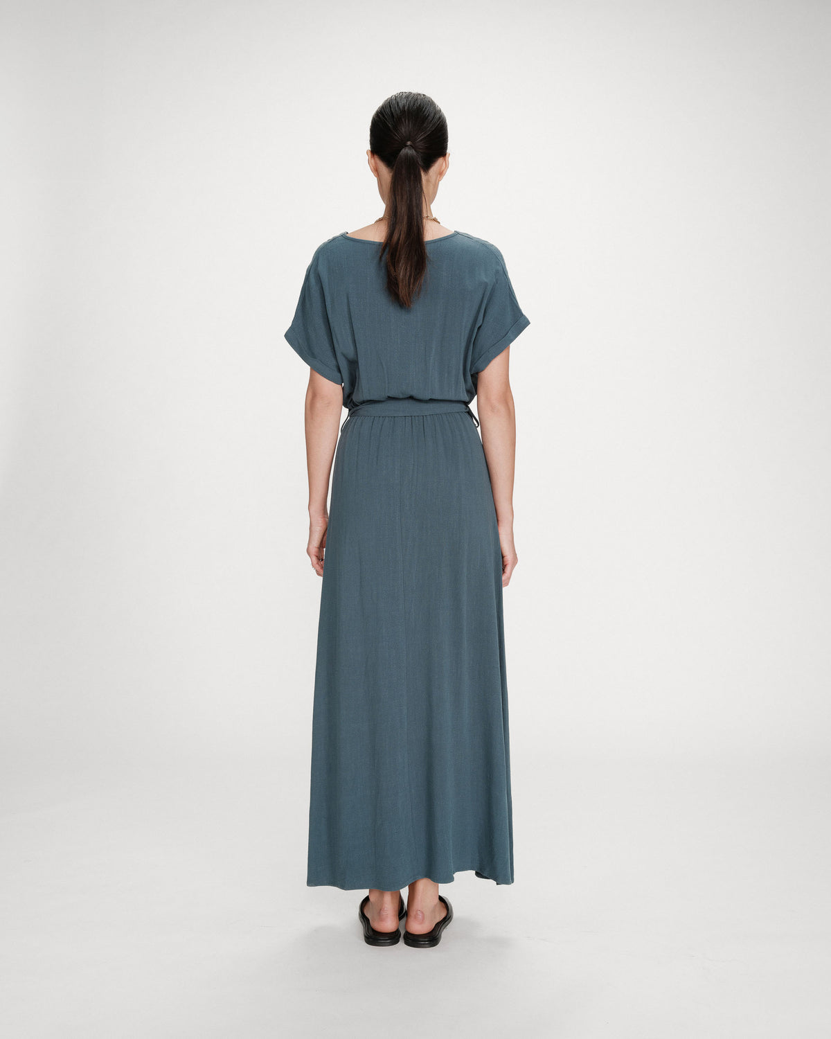 Robe longue portefeuille ceinturée emeraude Pollen