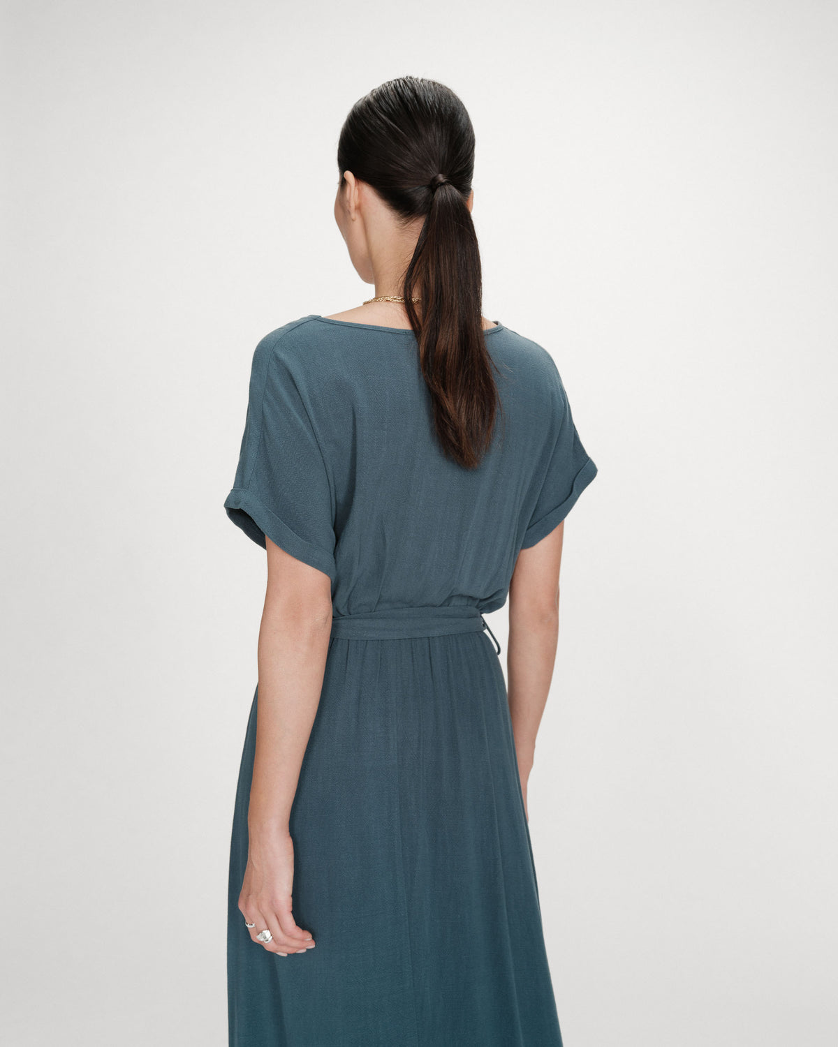 Robe longue portefeuille ceinturée emeraude Pollen