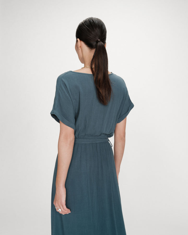Robe longue portefeuille ceinturée emeraude Pollen
