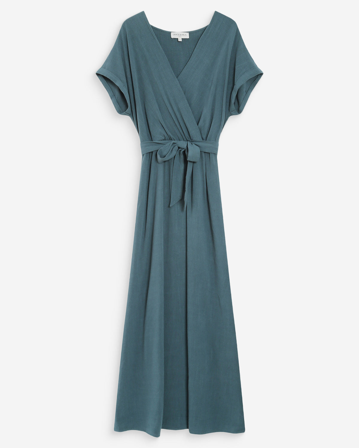Robe longue portefeuille ceinturée emeraude Pollen