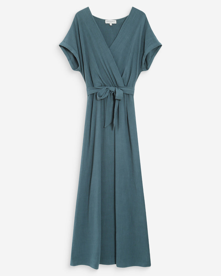 Robe longue portefeuille ceinturée emeraude Pollen