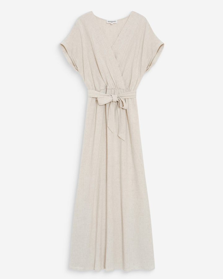 Robe longue portefeuille ceinturée sable Pollen