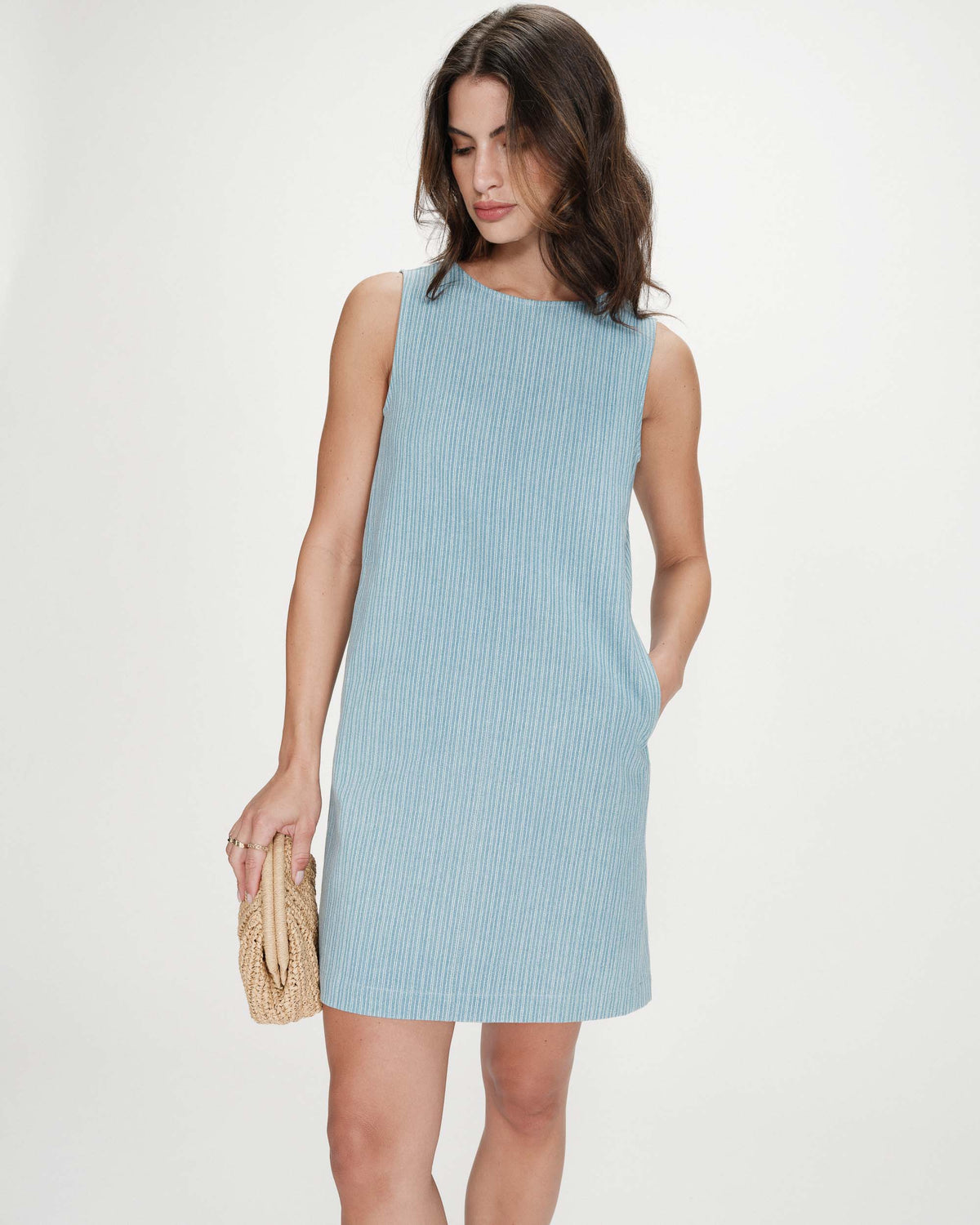 Sleeveless straight short denim dress stripedblue Vanessa