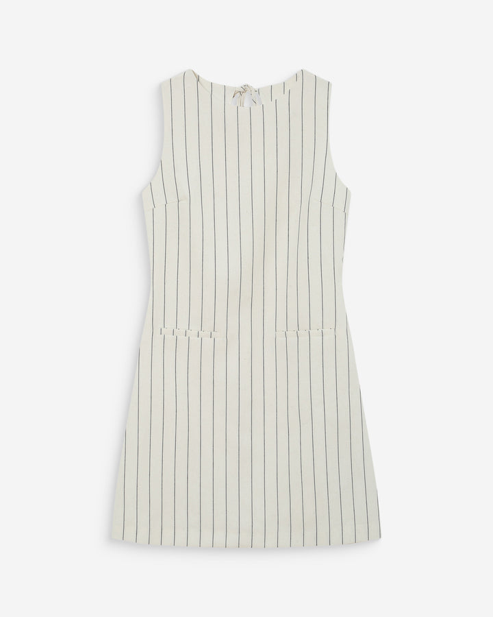 Robe courte droite rayée en lin nouée au dos white Vea