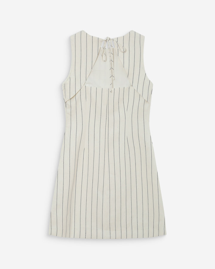 Robe courte droite rayée en lin nouée au dos white Vea