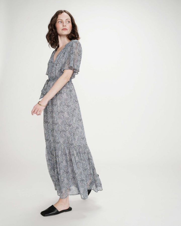 Robe longue évasée imprimé cachemire bohème ciel Venelle