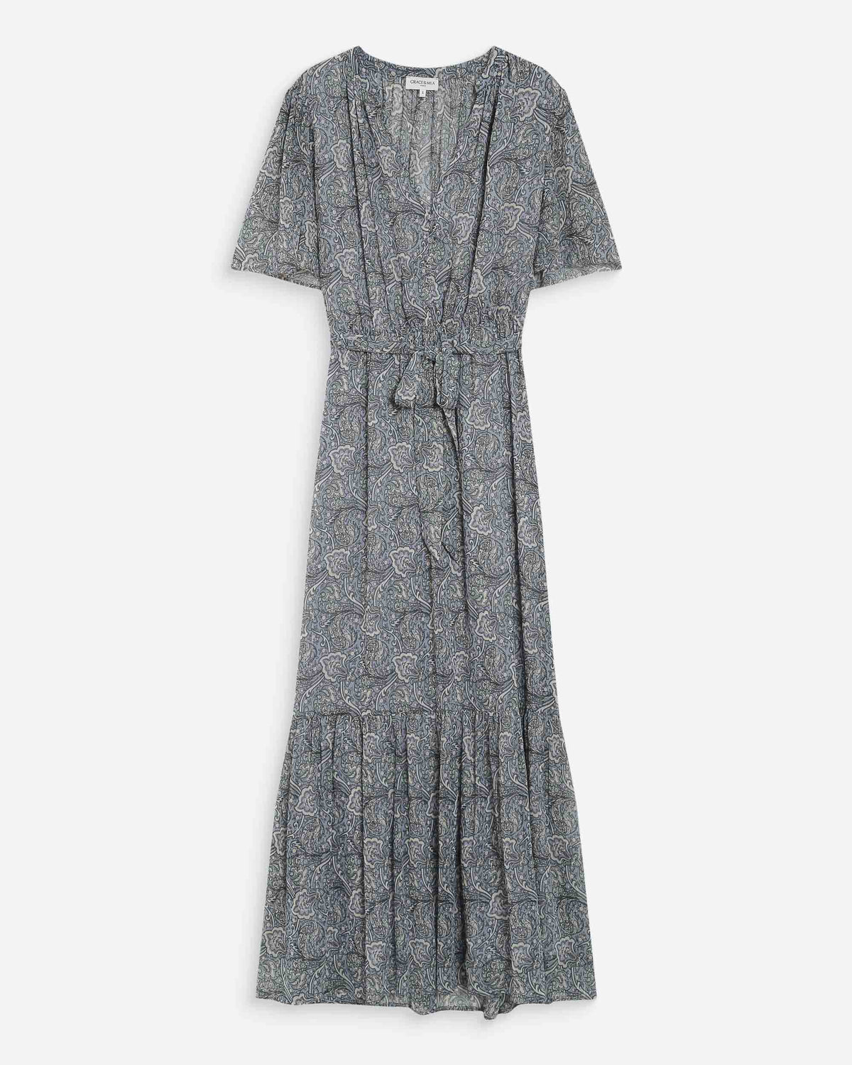 Robe longue évasée imprimé cachemire bohème ciel Venelle