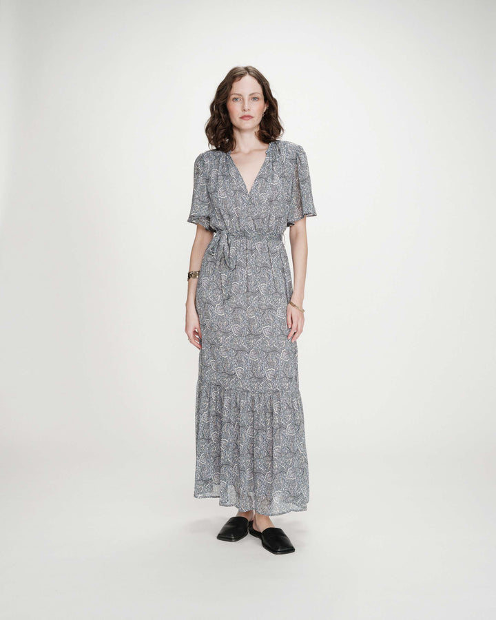 Robe longue évasée imprimé cachemire bohème ciel Venelle