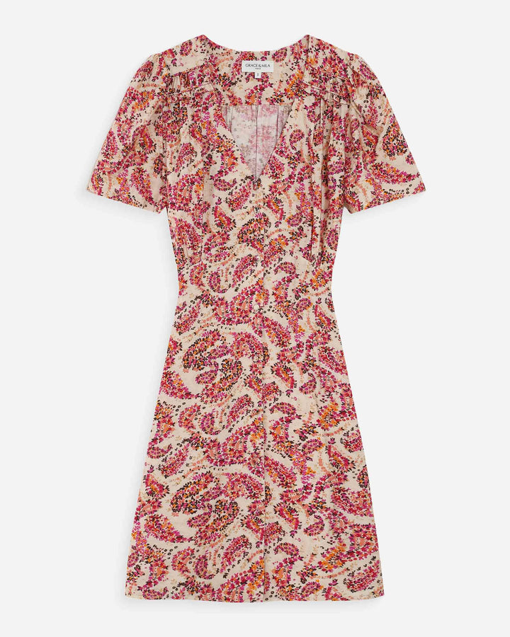 Robe courte manches bouffantes imprimée peche Victoire