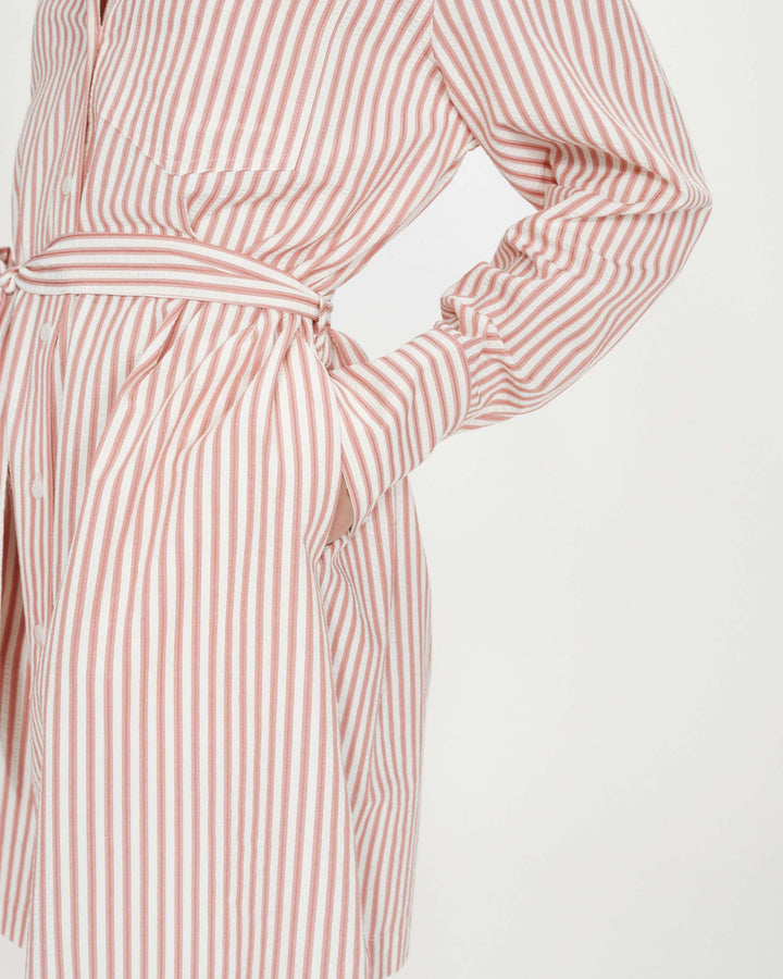 Robe chemise courte à rayures ceinturée corail Visery