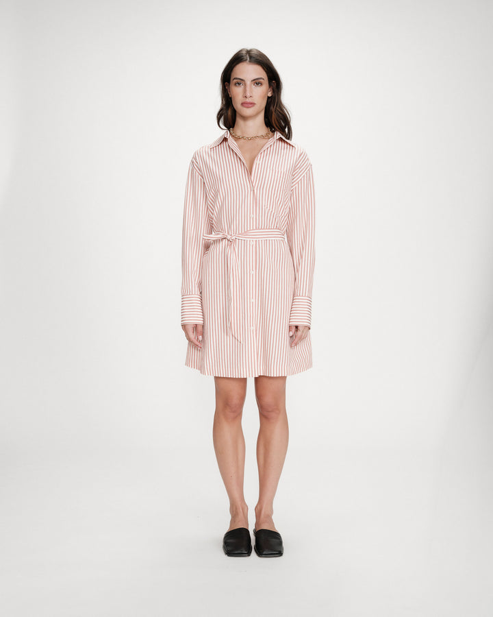 Robe chemise courte à rayures ceinturée corail Visery