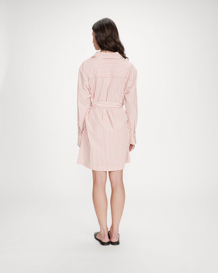 Robe chemise courte à rayures ceinturée corail Visery