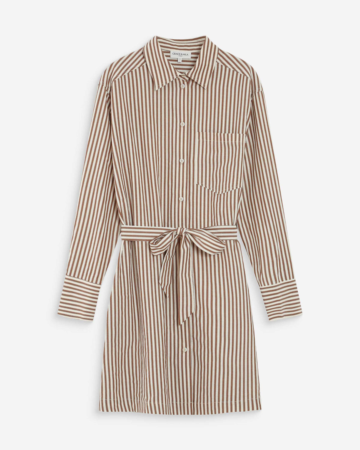 Robe chemise courte à rayures ceinturée mocha Visery
