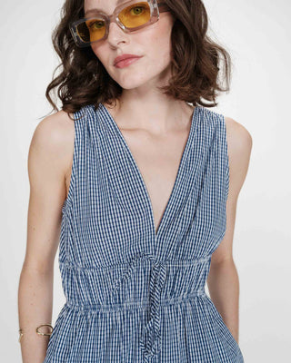 Robe longue à carreaux en coton col V marine Velmira