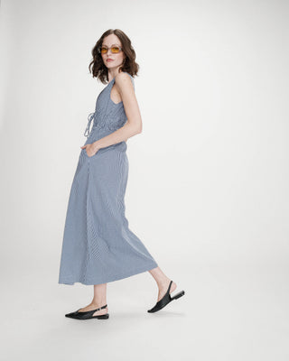 Robe longue à carreaux en coton col V marine Velmira