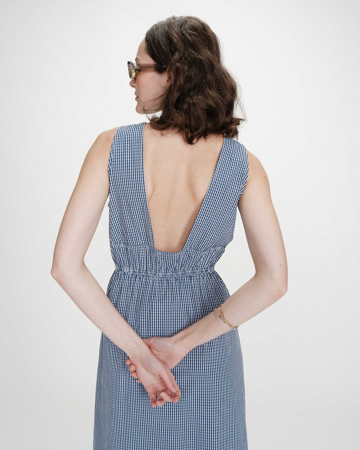 Robe longue à carreaux en coton col V marine Velmira