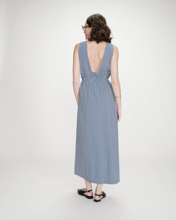 Robe longue à carreaux en coton col V marine Velmira