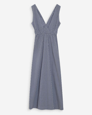 Robe longue à carreaux en coton col V marine Velmira
