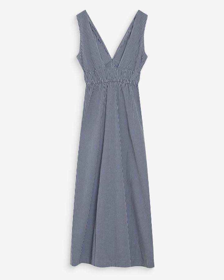 Robe longue à carreaux en coton col V marine Velmira
