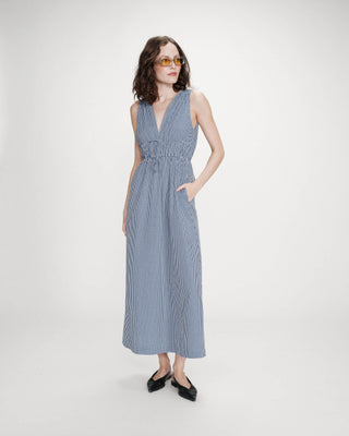 Robe longue à carreaux en coton col V marine Velmira