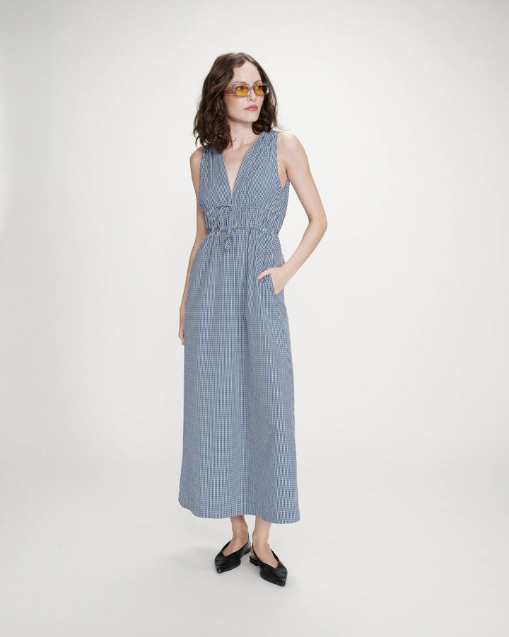 Robe longue à carreaux en coton col V marine Velmira